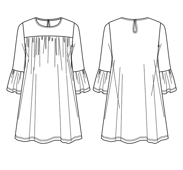 ベクトル形状のドレスファッションCad フリルの詳細技術的な図面 スケッチ テンプレート フラットラウンドネック女性のドレス フロント バックビュー ホワイトカラーのジャージーまたは織生地のドレス — ストックベクタ