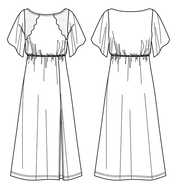 Robe Maxi Vectorielle Manches Courtes Dessin Technique Robe Femme Avec — Image vectorielle