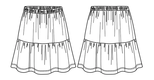 ベクトルフレアミニスカート技術的な図面 ウエストバンドのファッションカード スケッチ テンプレートと女性のスカート — ストックベクタ