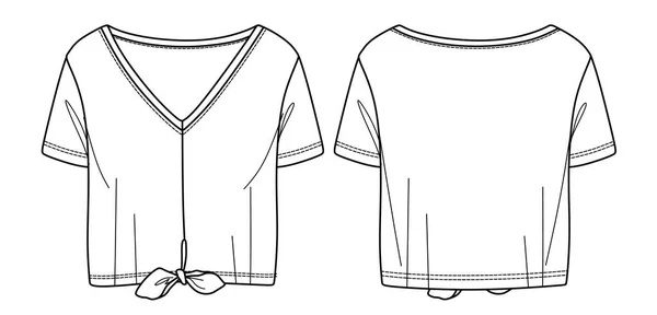 矢量裁剪顶层时尚Cad 妇女V领口T恤与结技术绘图 — 图库矢量图片
