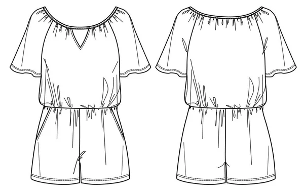 ベクトルラウンドネックプレイスーツファッションCad ポケット技術図面 テンプレート スケッチ フラット モックアップと女性の半袖ジャンプスーツ ジャージーまたは織生地ジャンプスーツ ホワイトカラー — ストックベクタ