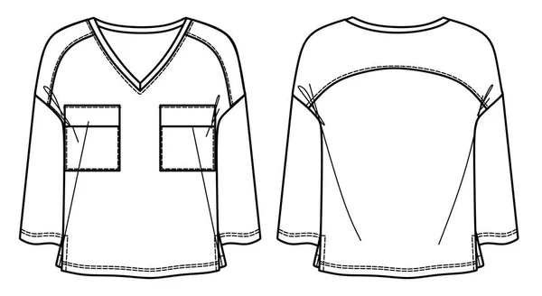 유틸리티 스타일의 티셔츠 Cad 여자긴 상단에 기술적 템플릿 스케치 뉴저지 — 스톡 벡터