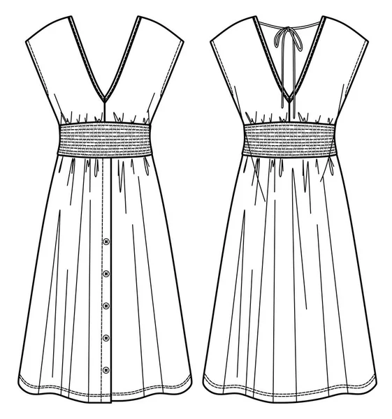 Vector Summer Neck Dress Fashion Cad Woman Midi Dress Smocked — Stock Vector