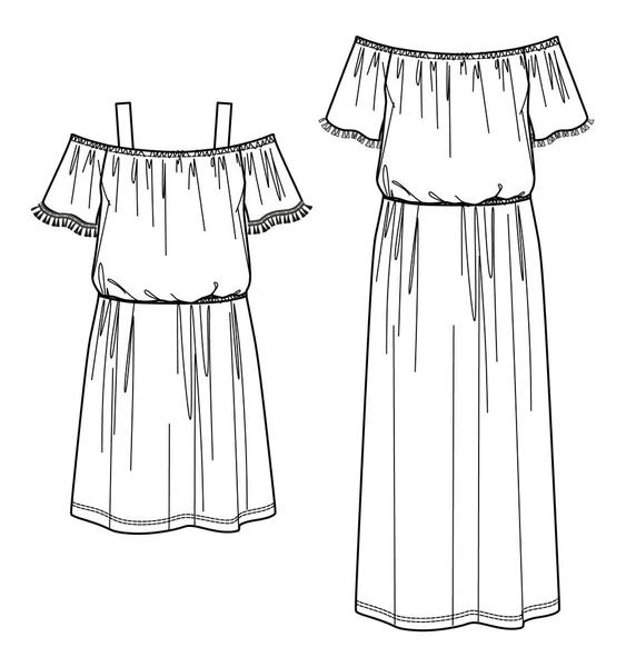 Vector Shoulder Summer Dress Cad Kadın Maxi Straplez Elbise Püskülleri — Stok Vektör