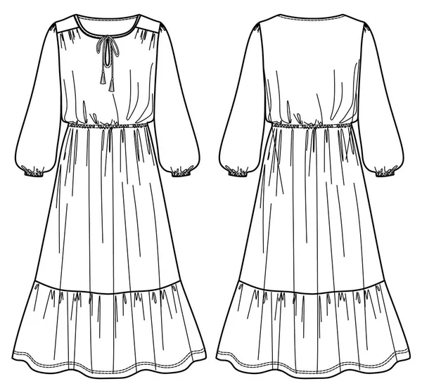 Vector Maxi Bohème Robe Mode Cad Femme Évasé Col Rond — Image vectorielle