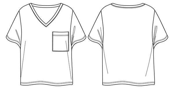 Vector Manga Corta Cuello Blusa Moda Cad Mujer Camiseta Dibujo — Vector de stock