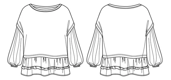 ベクトル長袖特大トップファッションCad 女性のボックス形状ラウンドネックフリル詳細スウェットシャツ技術図面 テンプレート モックアップ ブラウスフラット フロント バック ホワイトカラー — ストックベクタ