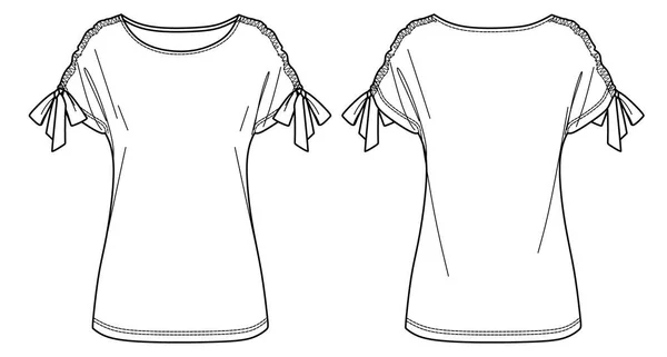 벡터가 소매둥근 티셔츠 기술적 그림을 떨어뜨린다 부자세 템플릿 스케치가 블라우스 — 스톡 벡터