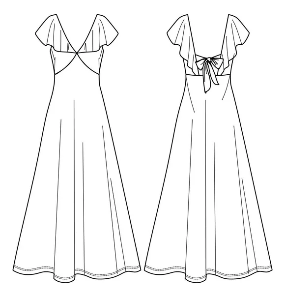 Vector Ärmellose Maxi Kleid Technische Zeichnung Frauenkleid Mit Rüschen Detail — Stockvektor