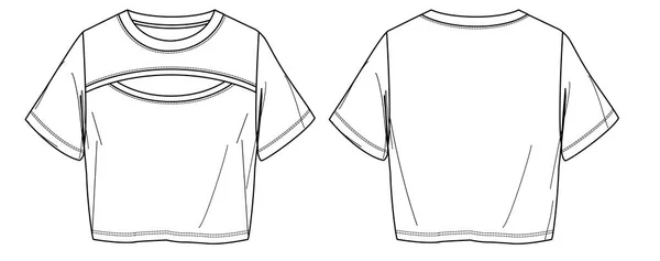 矢量短袖T恤衫流行Cad 妇女圆领顶部与切割细节技术绘图 泽西或机织织物衬衫 — 图库矢量图片