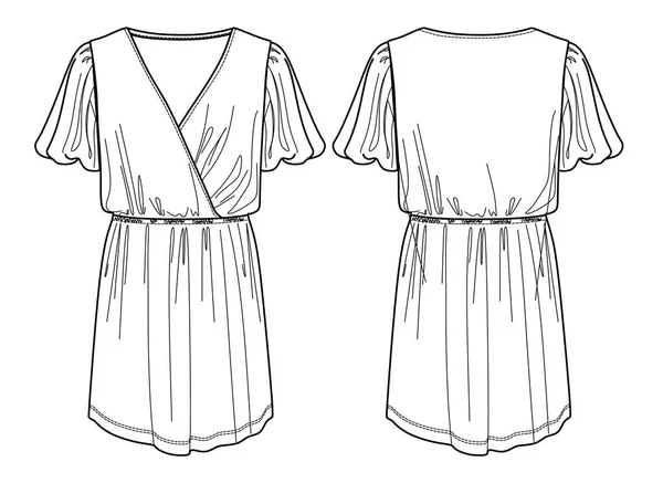 ベクトル偽のラップドレス技術的な図面 短い女性のベルスリーブドレスファッションCad スケッチ テンプレート フロント バックビュー ホワイトカラーのジャージーまたは織生地のドレス — ストックベクタ