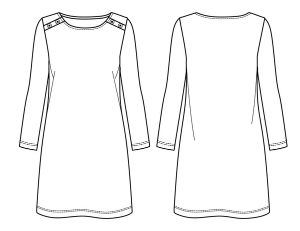 Διάνυσμα Μακρύ Μανίκι Shift Φόρεμα Μόδας Cad Στρογγυλό Λαιμό Γυναίκα — Διανυσματικό Αρχείο