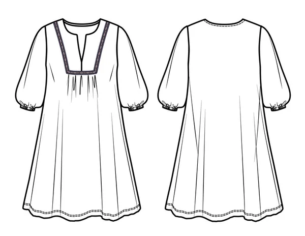 Διάνυσμα Ένα Σχήμα Μακριά Μανίκια Φόρεμα Μόδας Cad Στρογγυλό Λαιμό — Διανυσματικό Αρχείο