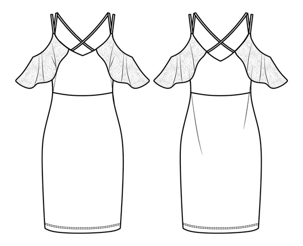 Vektör Kadın Yazlık Elbisesi Dantelli Kollu Moda Cad Omuz Kayışlı — Stok Vektör