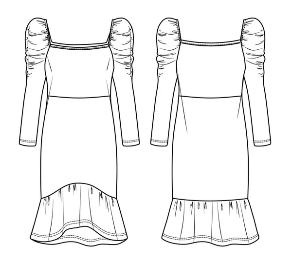 Vector Slim Fit Elbise Teknik Çizimi Uzun Kollu Kare Yakalı — Stok Vektör