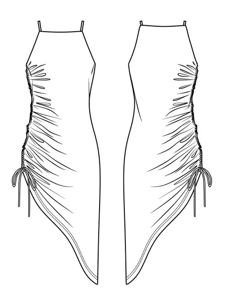 矢量迷你裙时尚Cad 女性无袖连衣裙技术图纸 细长适合与窄肩带服装模板 泽西面料服装 — 图库矢量图片