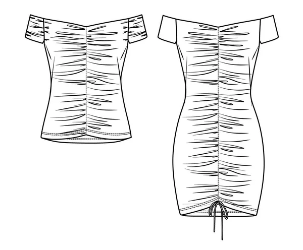 Vestido Verano Mujer Vectorial Con Delantero Recogido Mangas Cad Moda — Vector de stock