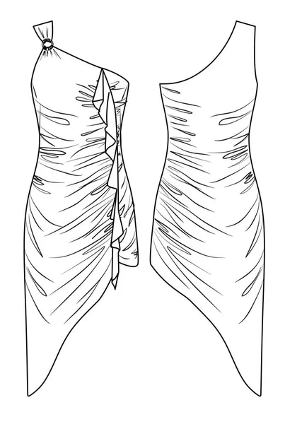ベクトルミニドレスファッションCad 女性のボディボディボディボディノースリーブドレス技術的な図面 スリムフィット1ショルダードレスで揮発性テンプレート スケッチ フラット ジャージー生地のドレスフロント バックビュー ホワイト — ストックベクタ