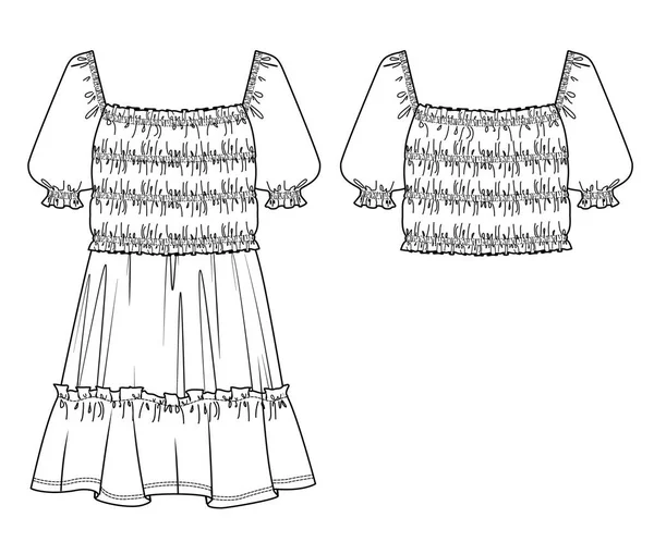 벡터짧은 드레스 Cad 드레스 연기에 기술적 템플릿 스케치 앞모습 뒷모습 — 스톡 벡터