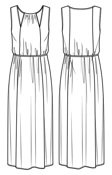 Vektör Kolsuz Maxi Elbise Teknik Çizimi Kadın Uzun Elbisesi Kesikler — Stok Vektör