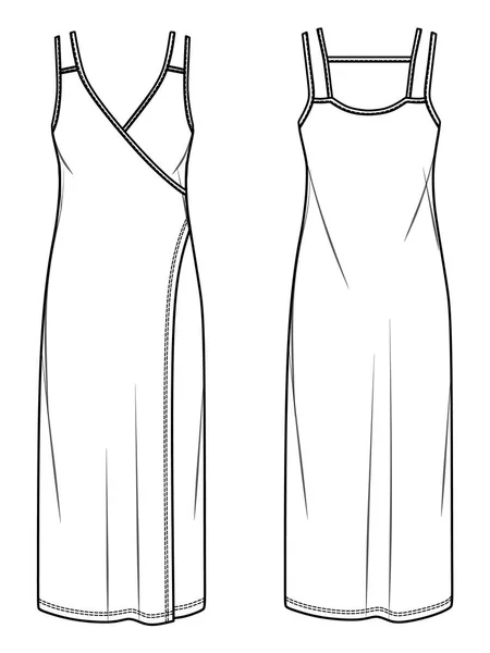 Vector Midi Elbise Omuz Kayışları Teknik Çizim Uzun Yaz Elbisesi — Stok Vektör