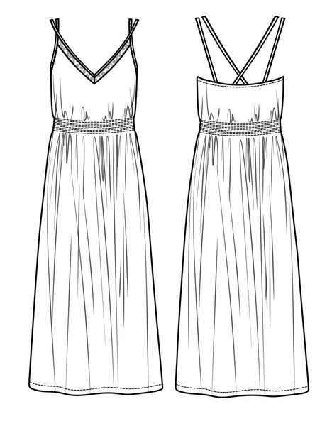Vector Maxi Elbise Omuz Kayışları Teknik Çizim Kadın Yaka Elbise — Stok Vektör