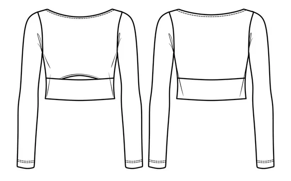ベクトルカットアウト長袖TシャツファッションCadは 女性の冬のボートネックトップ技術的な図面 テンプレート スケッチ フラット フロント バックビュー ホワイトカラーのジャージー作物トップ — ストックベクタ