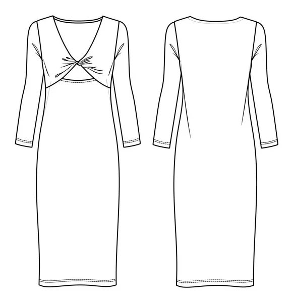 Vektör Kadın Kış Midi Elbisesi Düğüm Detayı Yaka Uzun Kollu — Stok Vektör