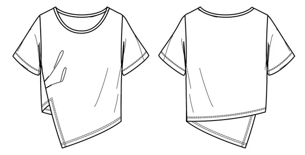 Vektör Kısa Kollu Shirt Moda Cad Boynunda Asimetrik Kenarlı Kadın — Stok Vektör