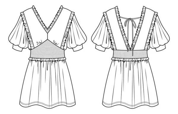 Vektör Elbise Taslağı Yaka Elbise Teknik Çizimi Şık Kısa Kollu — Stok Vektör