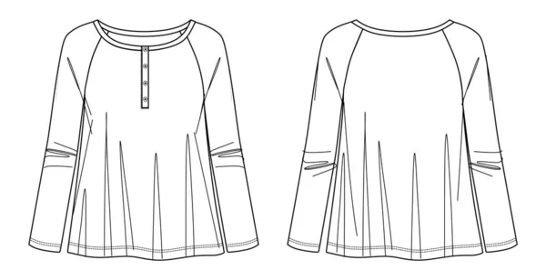 ボタンの詳細とベクトルファッションCadのTシャツ 女性の長袖形状のブラウスのスケッチ 女性のラウンドネックトップ技術的な図面 スケッチ フラット フロント バックビュー ホワイトカラーのジャージーブラウス — ストックベクタ