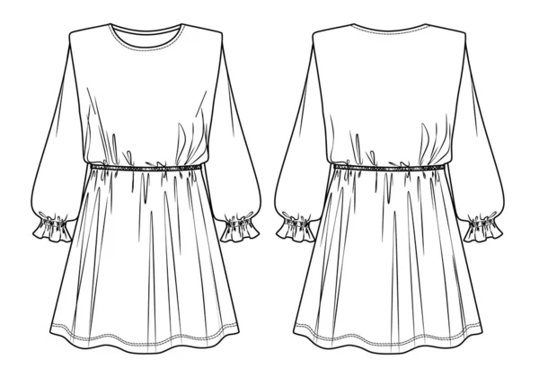 Vektör Kadın Elbisesi Uzun Kollu Modaya Uygun Balon Kollu Elastik — Stok Vektör