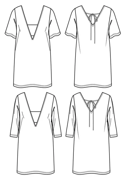 Vector Neck 소매가 Cad 모양의 드레스등의 기술적 스케치 템플릿 흰옷을 — 스톡 벡터
