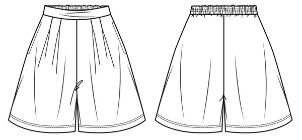 带矢量图形口袋的女短裤流行技术草图 具有弹性腰部扁平 时尚图解的女性脚气病 泽西或机织织物短 — 图库矢量图片