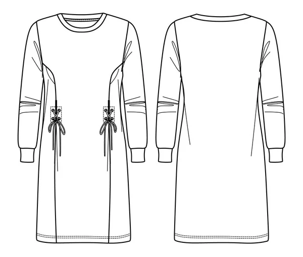 Διάνυσμα Στρογγυλό Λαιμό Μακρύ Μανίκι Φόρεμα Μόδας Cad Λεπτή Εφαρμογή — Διανυσματικό Αρχείο
