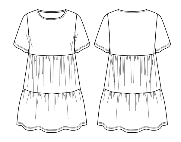 Voluminous Mini Dress Trendy Dress Frills Vector Sketch Neck Dress — Stock Vector