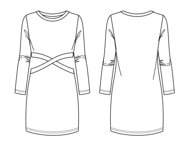 Vecteur Découpé Robe Manches Longues Mode Cad Femme Robe Col — Image vectorielle