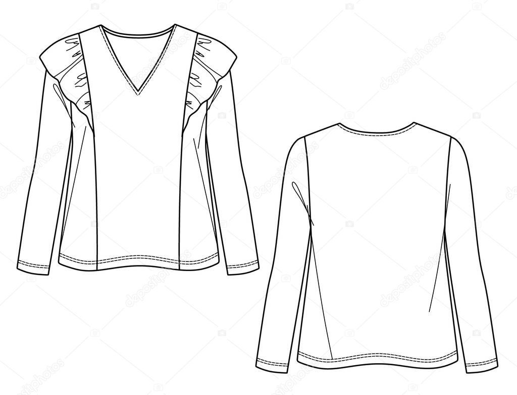 Vector long sleeved blouse technical drawing, T-Shirt with frill detail fashion CAD, sketch, template