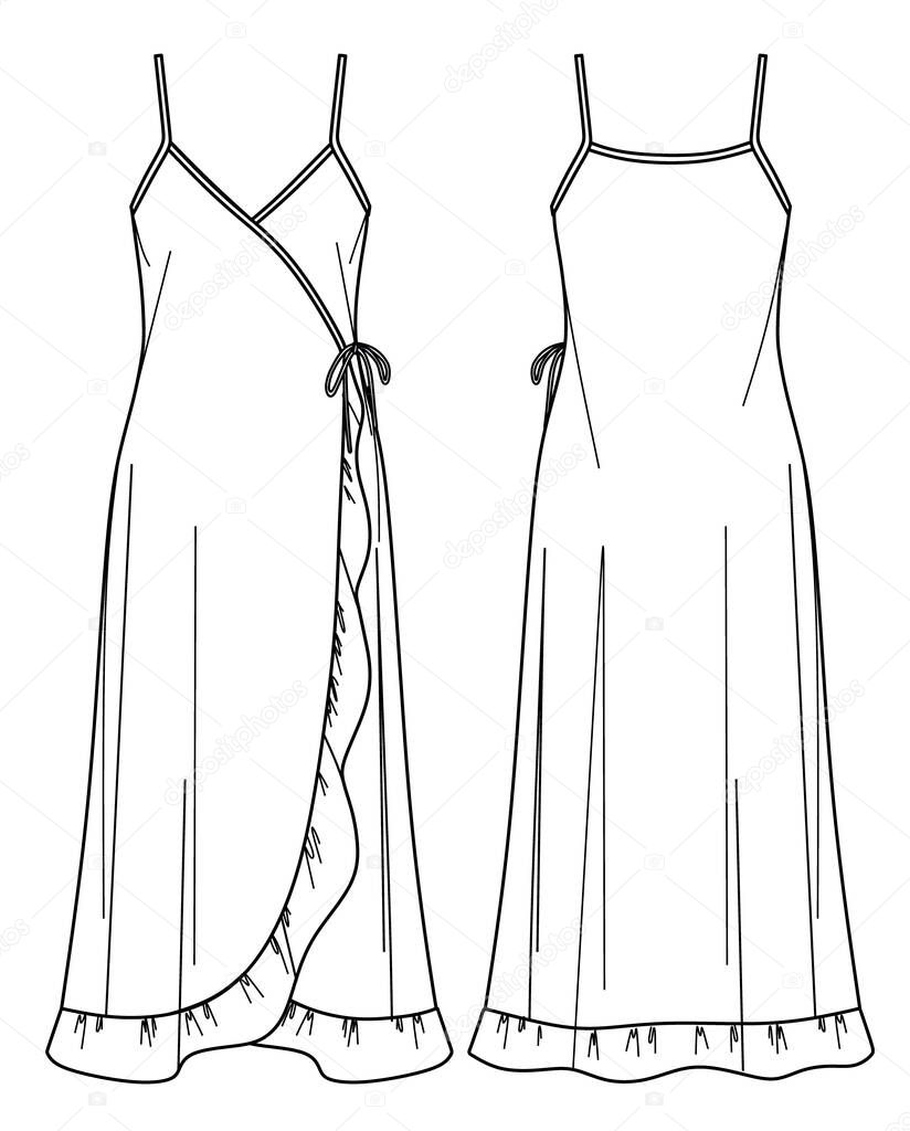 Vector scrappy long dress fashion CAD, woman maxi wrapped dress technical drawing, frill and bow detail dress flat, template, sketch. Jersey or woven fabric dress, front, back view, white color