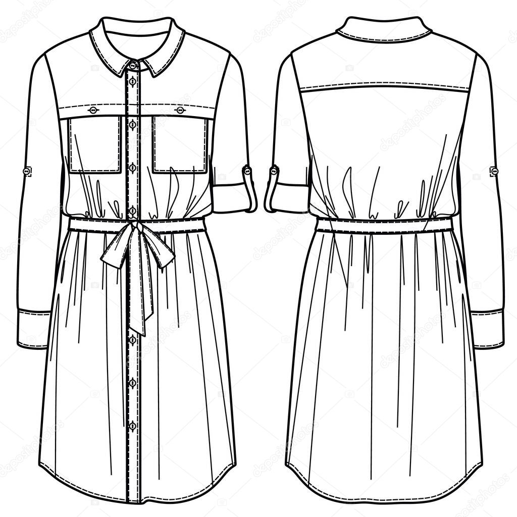 Vector winter shirt dress fashion CAD, woman long sleeved shirt dress technical drawing, dress with pockets and buttons sketch, flat, template