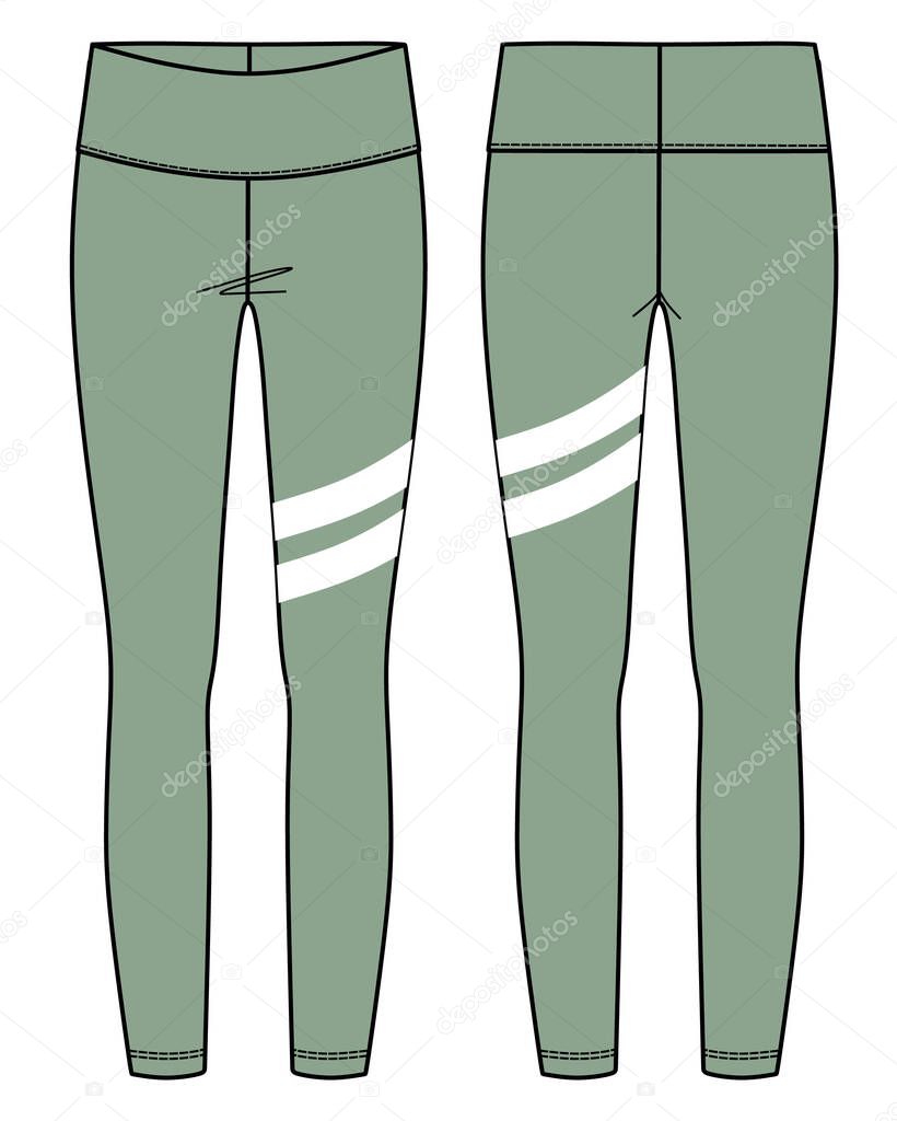 Vector sport leggings fashion CAD, woman lounge or yoga leggings with high waist technical drawing, legging fashion flat with print detail, sketch, template