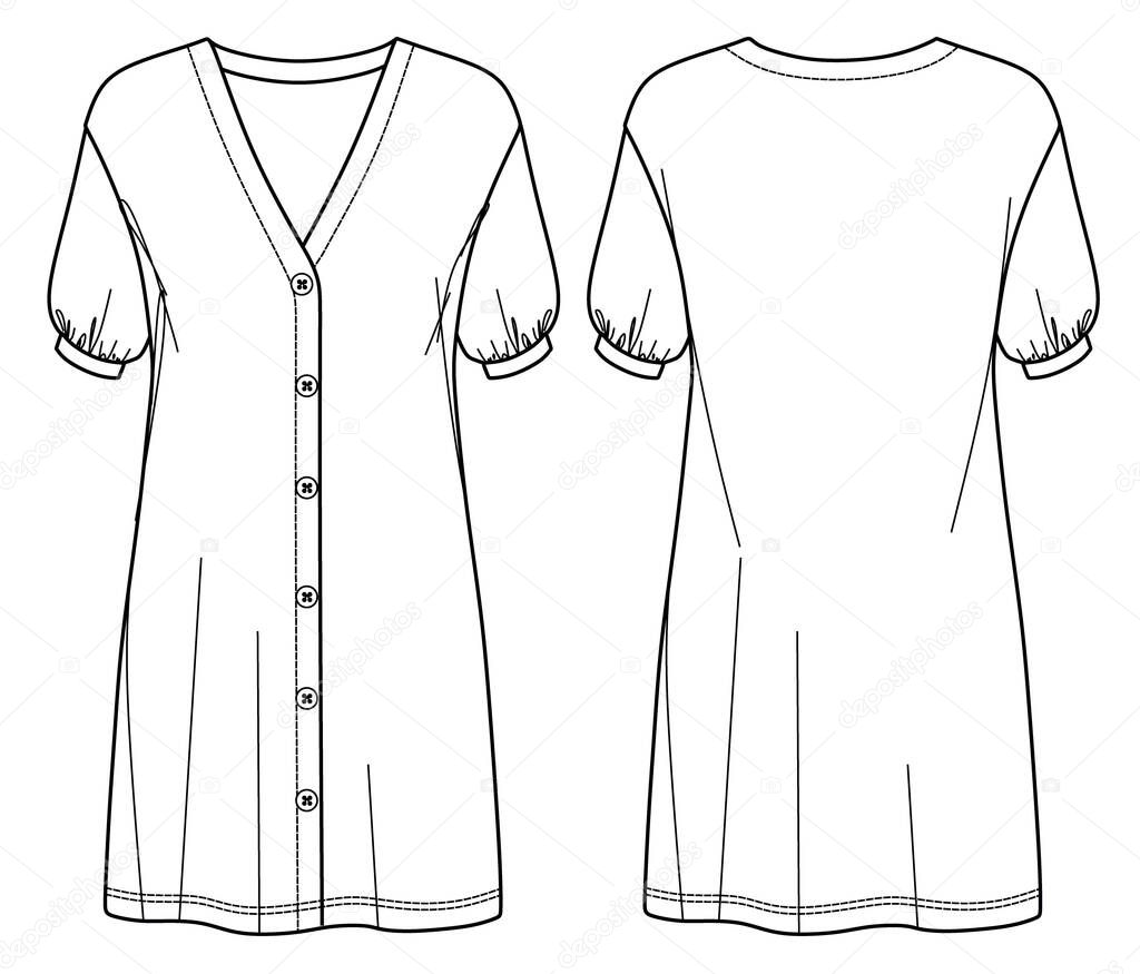 Vector v neck mini dress fashion CAD, woman short balloon sleeved dress with buttons detail technical drawing, template, flat. Jersey or woven fabric dress with front, back view, white color
