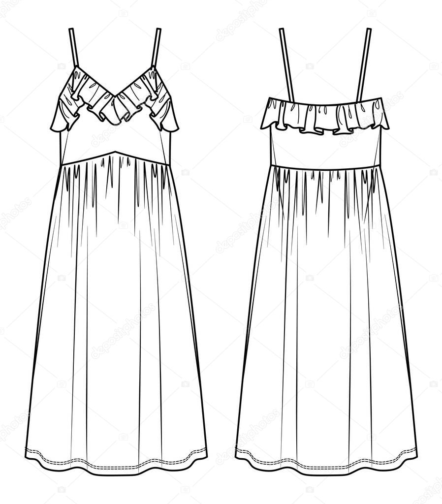 Vector summer midi dress fashion CAD, woman long dress with shoulder straps and frill detail technical drawing, template, flat, sketch. Jersey or woven fabric dress with front, back view, white color