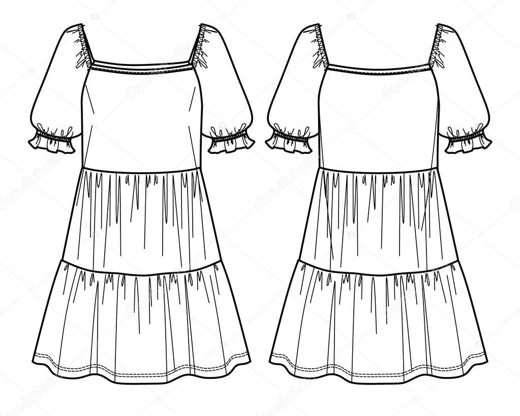 Vector short sleeve square neck mini dress technical drawing, woman tired dress with frill detail fashion CAD, sketch, template, flat. Jersey or woven fabric dress with front, back view, white color