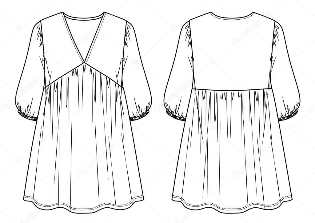 Vector long sleeve mini dress technical drawing, woman tired dress with V-neck and balloon sleeve fashion CAD, sketch, template, flat. Jersey or woven fabric dress with front,back view, white color