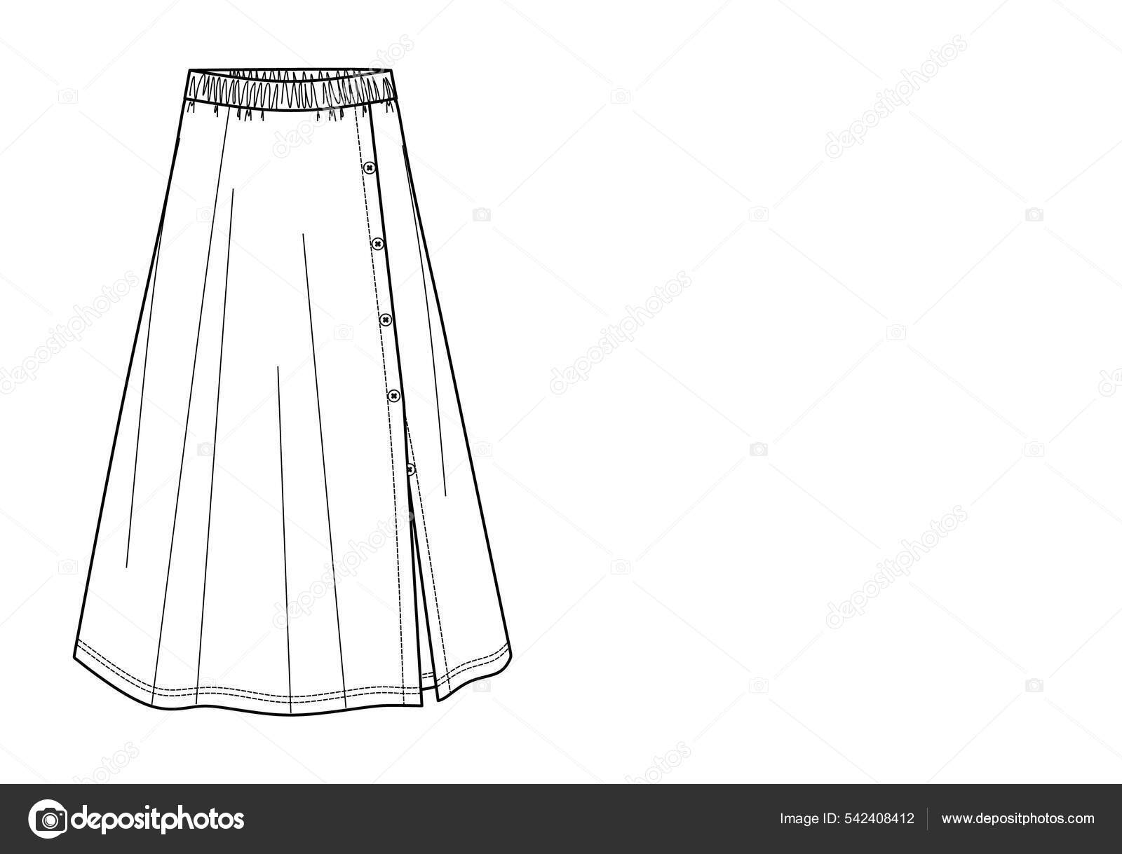 Vector wrapped skirt with buttons technical drawing, template, flat, sketch.  Flared maxi skirt fashion CAD with waistband and buttons detail. Jersey o  Stock Vector Image & Art - Alamy