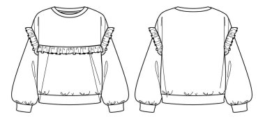 Vektör uzun kollu üst moda CAD, kadın kutulu yuvarlak boyun fırfırlı detaylar eşofman üstü, teknik çizim, şablon, taklit, düz. Ön, arka manzaralı, beyaz yün kazak.
