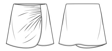 Vektör mini etek moda CAD, fırfırlı detaylı çizim, şablon, düz çizim, teknik çizim ile sarılı kadın eteği. Jersey ya da örülmüş kumaş etek, önü, arkası, beyaz renk