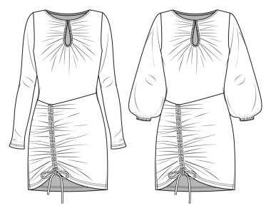 Vektör kadın kış elbisesi, ön ve uzun kollu moda CAD, tekne yakası, teknik çizim, şablon, düz, çizim. Jersey ya da örülmüş kumaş elbise, önü, arkası, beyaz renk