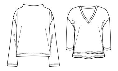 Vektör uzun kollu 2 t-shirt, moda CAD, kadın v-boyun, teknik çizim, şablon, düz, çizim. Jersey, yün ya da dokuma kumaş kaplama, önü, arkası, beyaz renk.